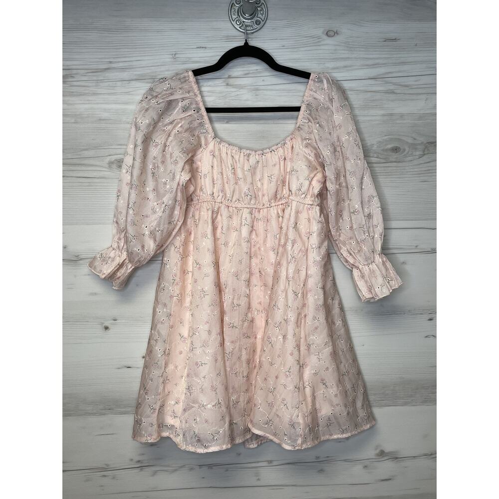 Thirty Thirty LA Dress Womens Medium Floral Embroidered Mesh Overlay Puff Sleeve - Picture 10 of 10